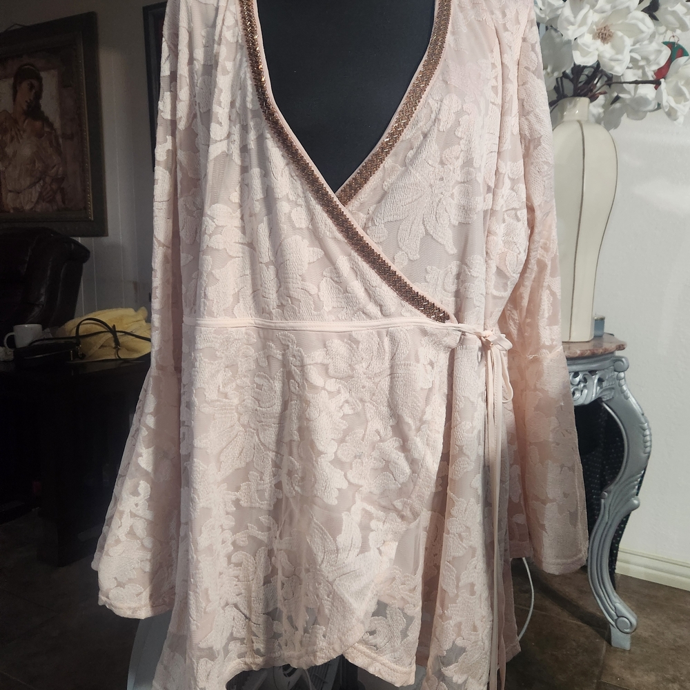 Roaman's Lace Wrap Blouse - Soft Pink Size 30